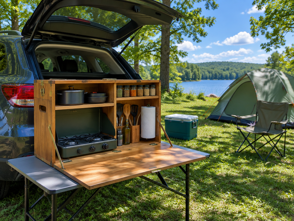 Open wooden camp kitchen box on a folding table at a sunny, tree-lined campsite beside an SUV and a tent.