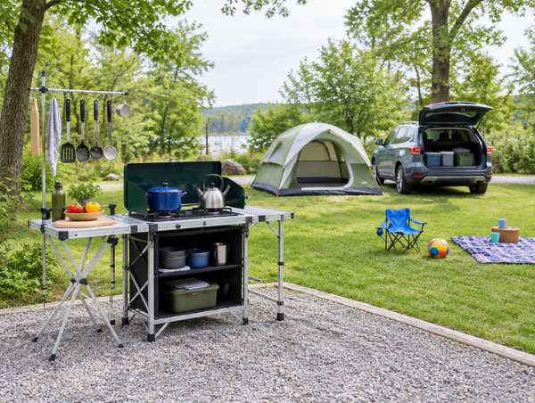 A family campsite with a separate camp kitchen station set apart from a kids' play area on the grass under a bright sky.