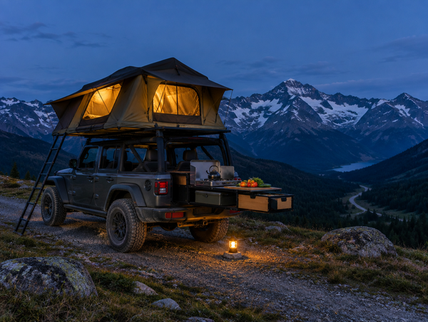 A 4x4 with a glowing rooftop tent and a fold-out camp kitchen parked on an alpine gravel road at dusk.