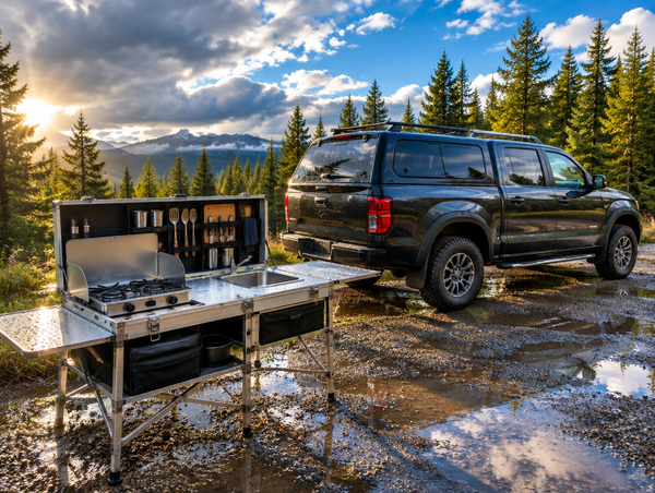Open portable camp kitchen beside a pickup truck at a wet gravel trailside camp as sun breaks through after rain.