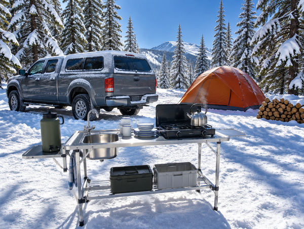 Camp kitchen table with a built-in sink and stove at a sunny snowy basecamp among frosted pine trees.