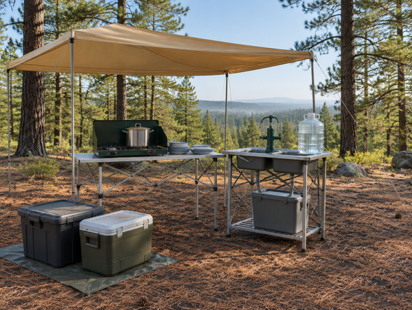 A tidy camp kitchen in a pine forest clearing, with a shade canopy, a camp stove and a two-basin sink station.