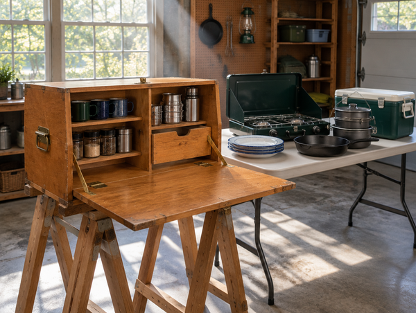 A used wooden chuck box and other camp cooking gear laid out for a sunlit garage sale
