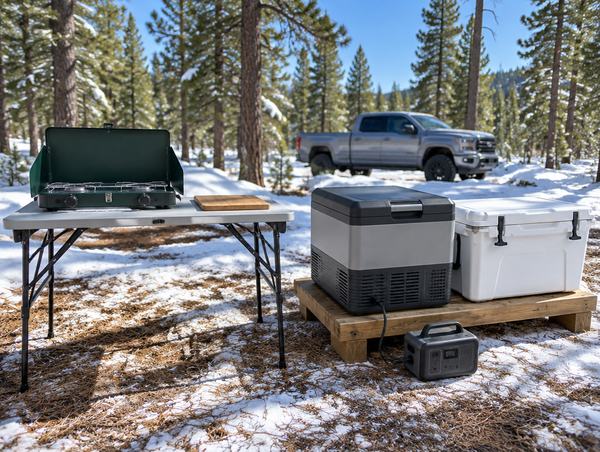 A camp kitchen table in a snowy pine clearing, with a portable 12V fridge and a white cooler side by side.