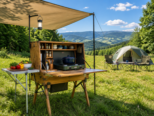 A camp kitchen box on folding legs with a side table and lantern, set up in a sunny meadow with hills behind.
