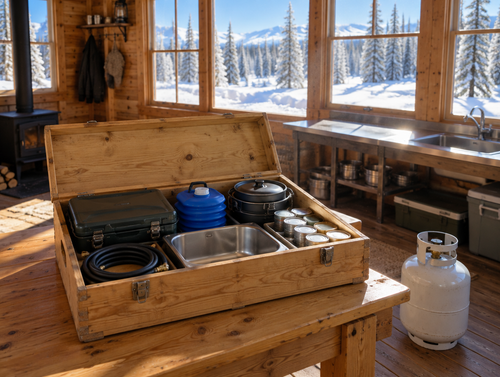 A wooden camp kitchen box with stove, propane tank and water jug packed in a sunlit cabin at a snowy basecamp.