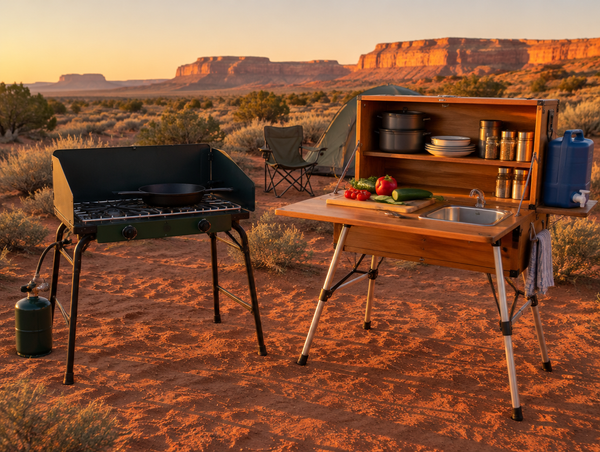 A two-burner camp stove on legs beside an open wooden camp kitchen box with a sink on red desert sand at sunset.