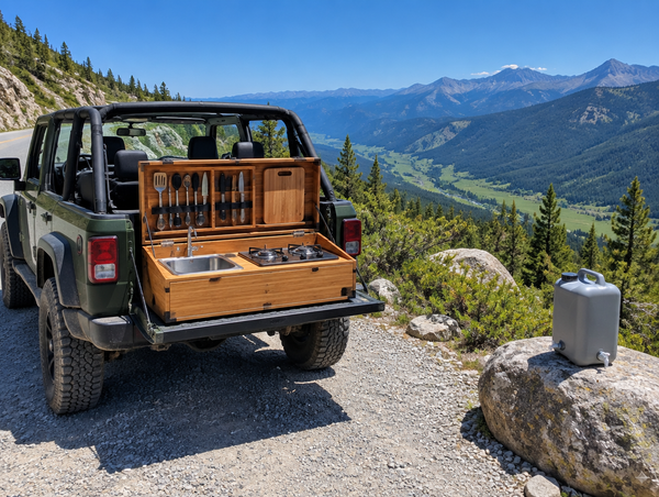 Open wooden camp kitchen box with sink and stove on a 4x4 tailgate at a gravel mountain pull-off above a green valley