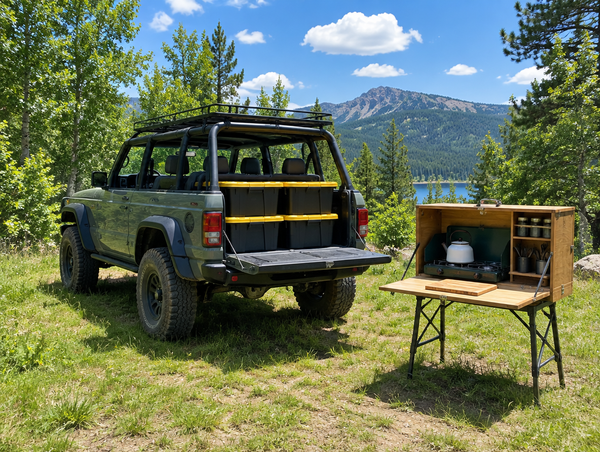 Open-top 4x4 with stacked storage crates beside an open wooden camp kitchen box in a sunny green forest campsite.