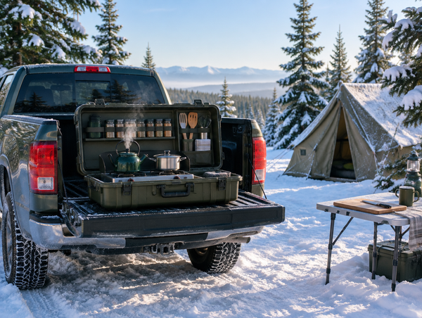 A pickup tailgate at a snowy conifer camp holds an open hard-shell case set up as a kitchen with a stove and kettle.