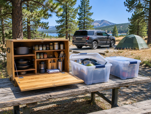A wooden camp kitchen box and two plastic storage bins on a sunny campground picnic table under pine trees.