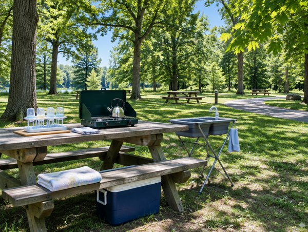A picnic table under shady trees in a state park, set up with a camp stove, a folding sink and baby bottles drying on a rack.