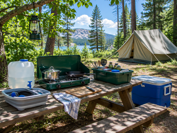 A sunny campsite picnic table set up as a camp kitchen with a stove, cookware, cooler, and water jug under green trees.