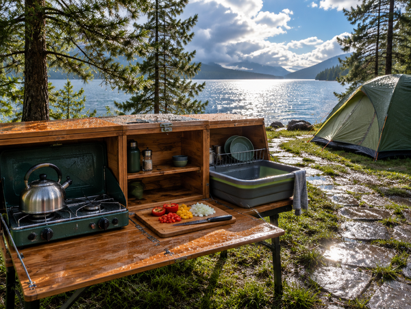 Camp kitchen box with stove, prep board and wash basin by a tent beside a sunlit lake after rain