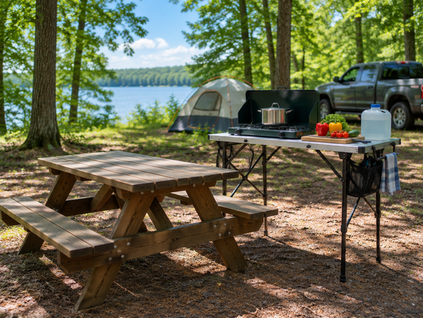A sunny wooded campsite with a low picnic table beside a taller folding camp kitchen stand holding a stove and cutting board.
