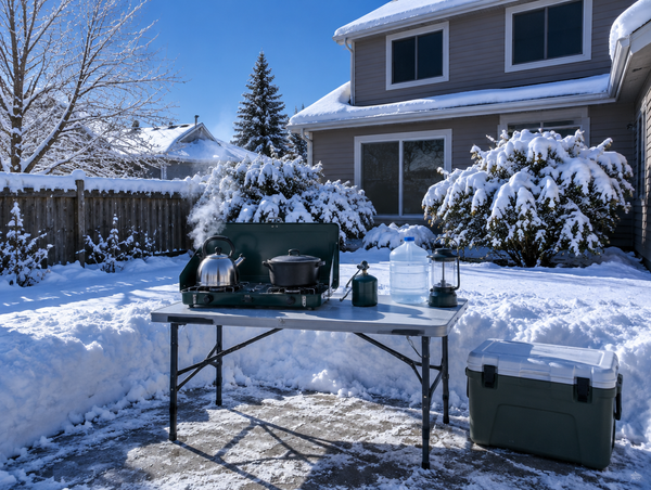 Camp stove with a steaming kettle on a folding table in a snowy backyard, next to a house with dark windows.