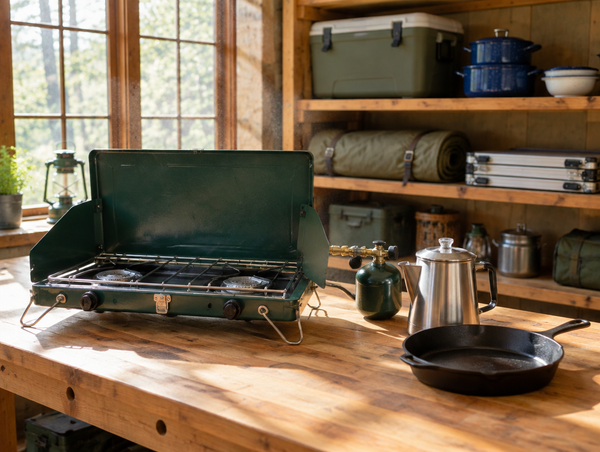 A two-burner propane camp stove on a wooden workbench in a sunlit gear room with camp cookware on shelves behind.