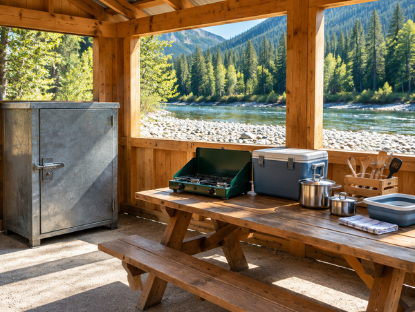 A steel bear food locker beside a picnic table with a camp stove and cooler in a sunlit timber shelter on a river bank.