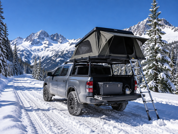 Mid-size pickup with a rooftop tent parked on a snowy mountain road under a bright blue winter sky.
