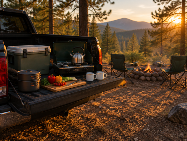 A pickup tailgate set up as a two-person camp kitchen with a stove, cooler and two mugs at golden hour