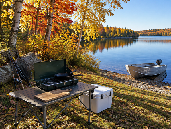 Lakeside autumn campsite with a camp stove, skillet and cooler on a table, fishing rod and small boat near bright foliage.