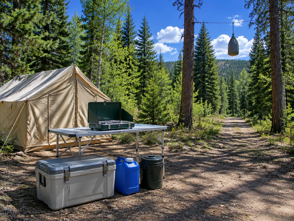 Remote hunting camp kitchen with stove, cooler, water jug and a hung food bag in a sunny green forest clearing.