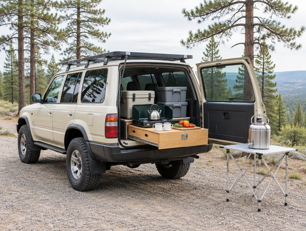 A boxy 4x4 SUV with its rear open at a pine campsite, a slide-out camp kitchen and stove set up in the cargo area.