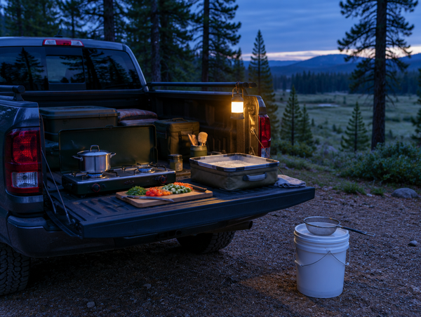 A pickup truck with its tailgate down, set up as a camp kitchen with a stove, wash basin and lantern at blue-hour dusk.