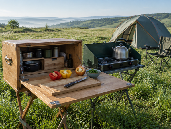 A camp kitchen box with its lid folded down as a prep counter, holding vegetables, in a green hillside meadow.