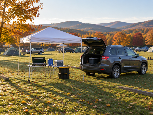 A small camp kitchen under a canopy beside a parked SUV in a grassy festival campground, with autumn hills behind.