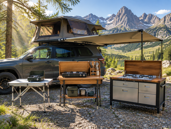 A 4x4 with a rooftop tent on an alpine dirt road, with three camp kitchen setups lined up under its sunlit awning.
