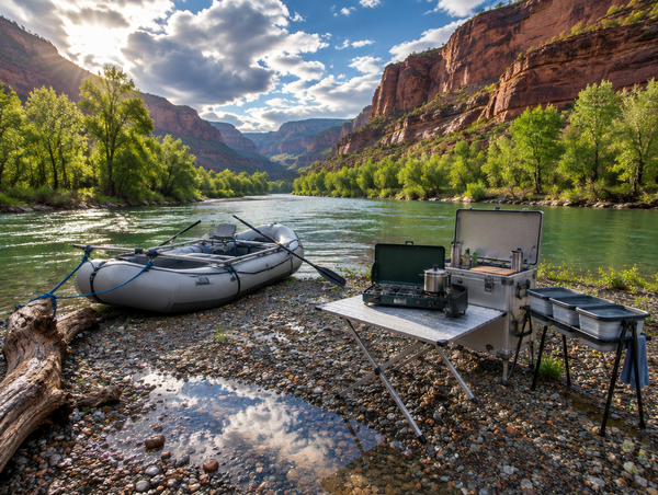 Rafting camp on a wet river gravel bar after rain, with a raft, an open kitchen box, a stove and wash basins under a clearing sky