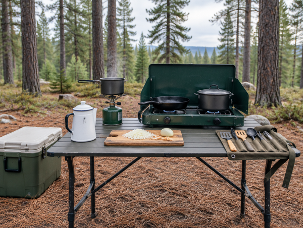 Single-burner and two-burner camp stoves side by side on a folding table in a pine forest clearing.