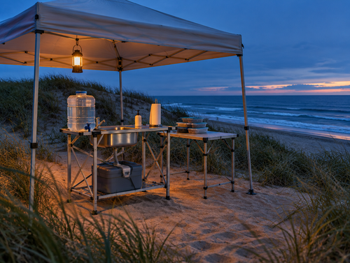 A camp kitchen sink handwashing station under a canopy on a beach dune at blue hour, lit by a warm lantern.
