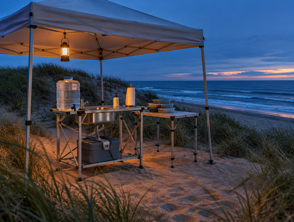 A camp kitchen sink handwashing station under a canopy on a beach dune at blue hour, lit by a warm lantern.