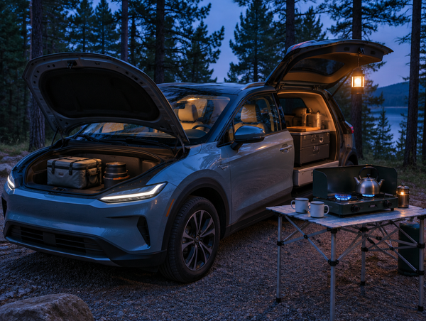 Compact electric SUV at a wooded campsite at dusk with front and rear trunks open and a camp stove on a table beside it.