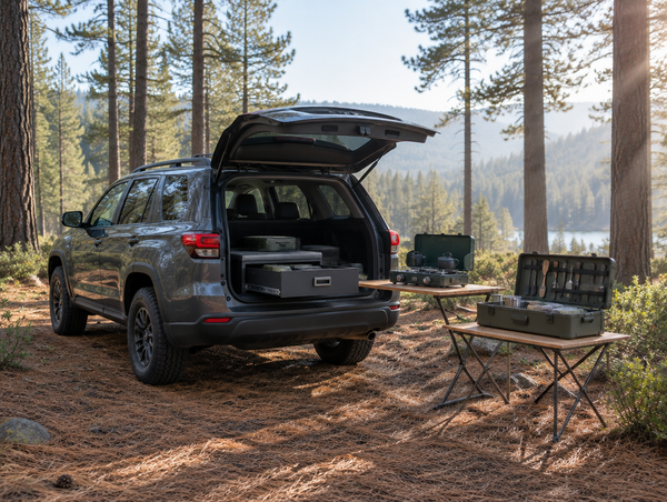 A mid-size SUV with its liftgate open in a pine forest clearing, with a drawer kitchen and a camp box set up beside it.