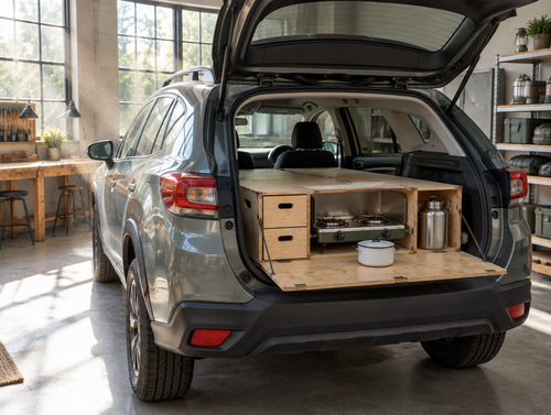 A compact SUV in a sunlit garage with its hatch open and a plywood camp kitchen box in the cargo area.