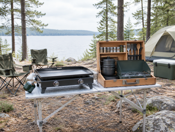 A tabletop griddle and an open wooden camp kitchen box on a folding table at a lakeside campsite.
