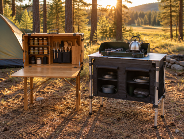 Wooden camp kitchen box and a nylon cook table with aluminum top side by side at a forest campsite in golden light.