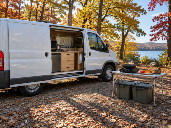 A camper van galley with its side door open, next to a low folding camp table and storage bins among autumn trees.