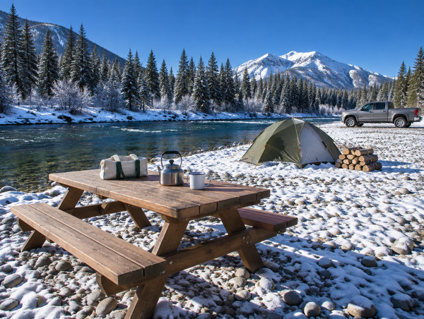 A wooden picnic table at a snowy riverside campsite on a stone shingle bank under a clear blue winter sky.