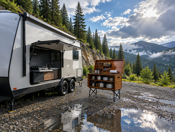 A travel trailer with its outdoor kitchen hatch open next to a wooden camp kitchen box at a wet mountain pull-off.