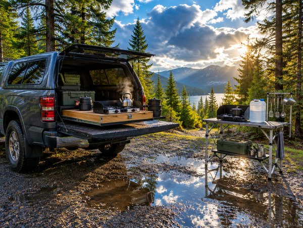 A pickup truck with a slide-out kitchen beside a freestanding camp kitchen table at a wet campsite after rain.