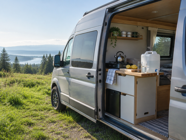 Camper van with its side door open to a tidy galley holding a water tank, stove and glass of water on a morning meadow.