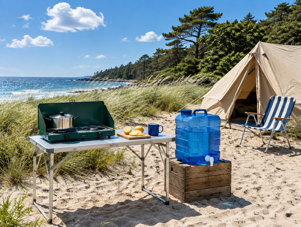Beach camp kitchen table with a stove and a large blue water tank on sand above the tideline, dune grass and pines behind