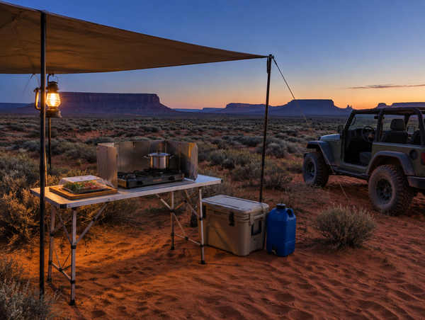Camp kitchen with a stove, lantern and shade awning on red desert sand, with distant mesas at blue hour.