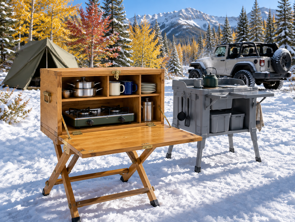Wooden plywood chuck box with a fold-down prep shelf next to a molded camp kitchen at a snowy camp with autumn trees.