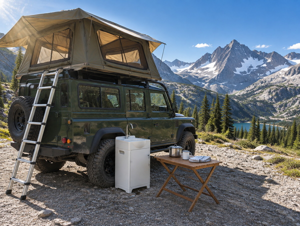 A 4x4 with an open rooftop tent on an alpine dirt road, a foot-pump sink cabinet and a wooden camp table beside it.