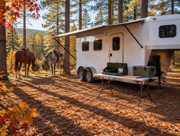 A horse trailer parked in a sunny pine clearing in autumn, with a camp stove table set up by its door and two horses tied nearby.